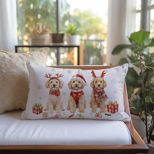 Golden Red Christmas Pillow Cover 12x20 Inch Holiday Dog Decor for Sofa & Couch