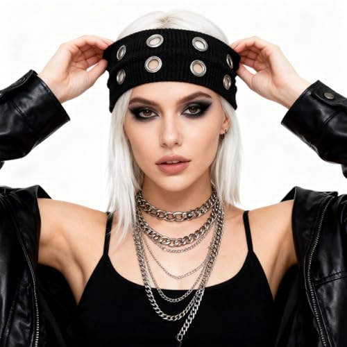 Tucnoeu 2 Pcs Hollow Out Elastic Headbands Y2K Punk Wide Hairbands Black