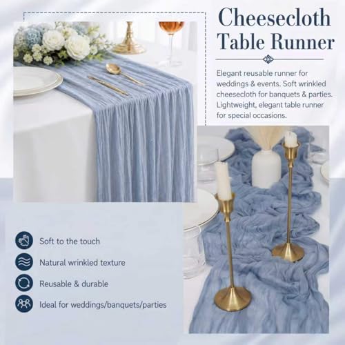 Dusty Blue Cheesecloth Table Runner 2 Pack 17x108 Inch - Boho Wedding Decor