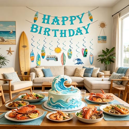Glitter Blue Surf Birthday Party Decorations - 10 Surfboard Swirls