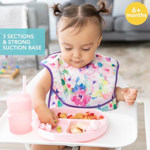 Bumkins Silicone Suction Plate for Toddlers & Babies - Divided Grip Dish, Non-Skid, Dishwasher Safe, Gray & Pink