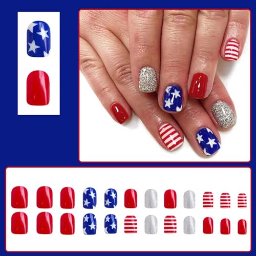 4th of July Press on Nails Short Square Blue Star False Nails