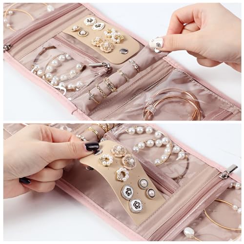 BELALIFE Pink Travel Jewelry Case - Compact Organizer Roll for Accessories