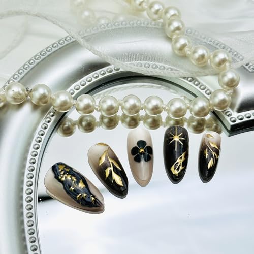 Black French Tip Press On Nails Medium Almond Fall Maple Leaf False Nails