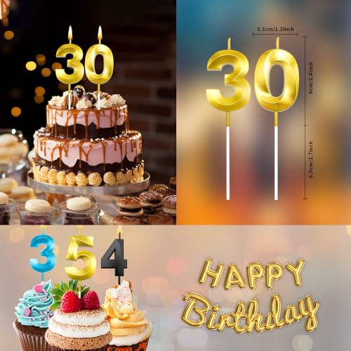Gold 30th Birthday Candles - 2 Pack Number Cake Topper