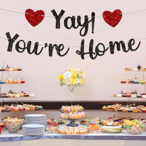 Black Glitter Welcome Home Banner - Yay! You're Home Decoration