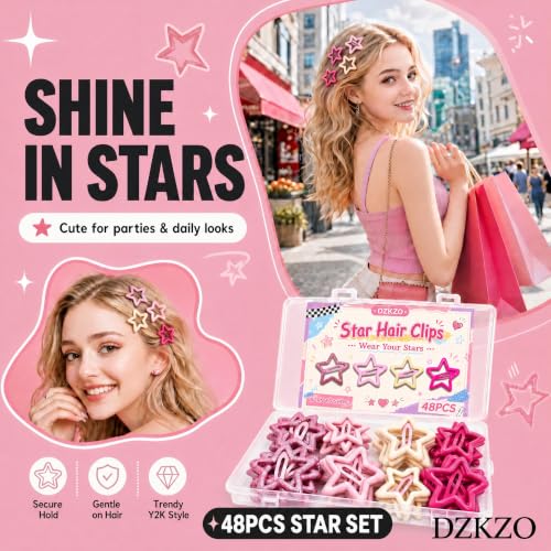 Pink Star Hair Clips 48pcs Y2K Cute Snap Barrettes in 2 Sizes
