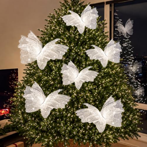 Glitter White Butterfly Christmas Decorations Set - 6 Large & Small Ornaments