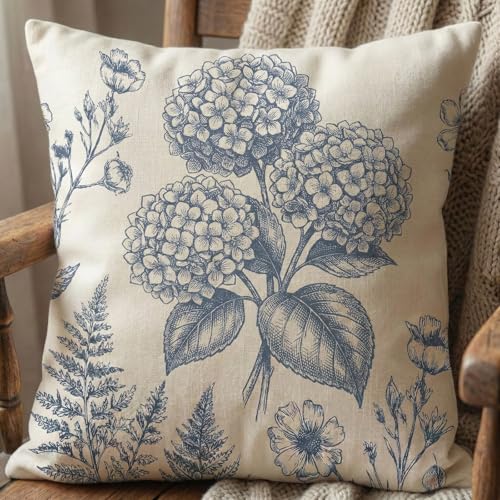 Vintage Blue Floral Throw Pillow Covers - Set of 2, 18x18 Inch