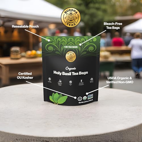 Buddha Teas Organic Holy Basil Tea, Caffeine-Free Herbal Tulsi, 100 Count