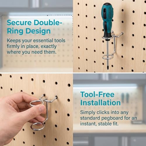 5-Pack Pegboard Screwdriver Holder - Double-Ring Tool Organizer Hooks