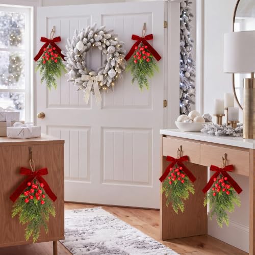 Christmas Mini Cedar Swags with Velvet Bow - Set of 6, 10.6 Inches