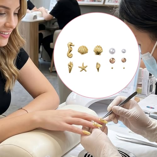 Summer Ocean Nail Charms 3D Gold Starfish Seashell Art Decorations with Tweezers