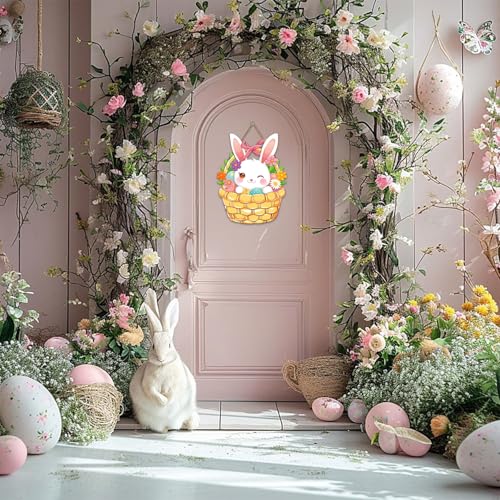 Easter Bunny Door Sign - Wooden Basket Wreath with Flowers & Eggs