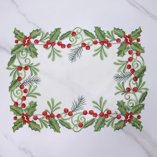 13x90 Inch Christmas Table Runner - Embroidered Holly & Red Berries, White, 100% Polyester - Variation of THIS listing: 13x90IN / White