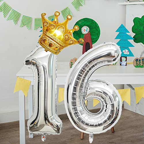 32-Inch Silver Number 16 Balloon with Mini Crown - Birthday Party Decor