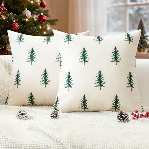 Christmas Pillow Covers 18x18 Inch Set of 2 Green Double Sided Tree Decor