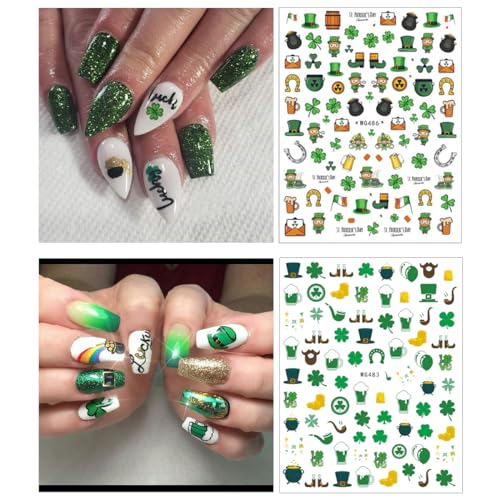 St. Patrick's Day 3D Nail Art Stickers - 6 Sheets Green Shamrock Decals