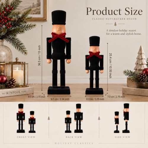 Christmas Wooden Nutcracker Figures Decor Set - 15 Inch & 10 Inch Flocked Soldiers