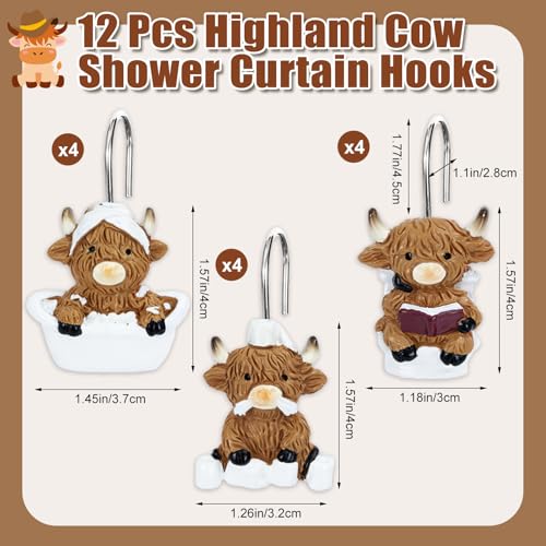 Highland Cow Shower Curtain Hooks - 12 Piece Decorative Bathroom Set