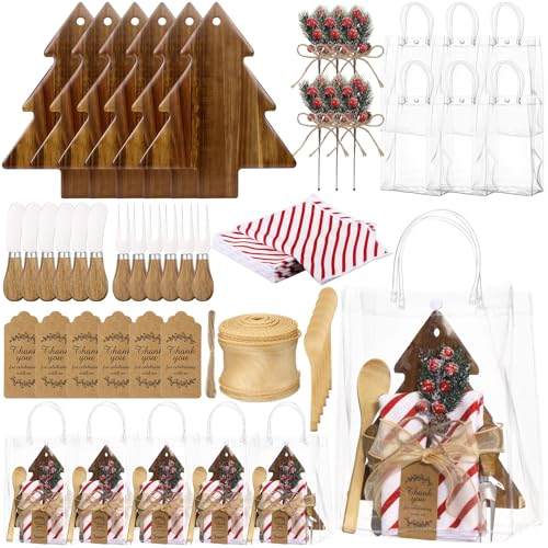 Potchen Christmas Wooden Cheese Board Set with Utensils and Towels - Tree A, 6 Pieces