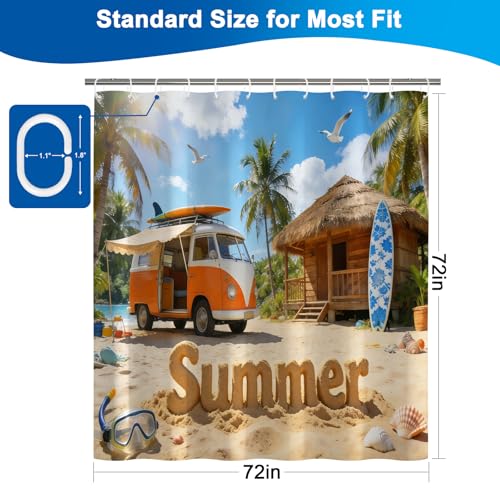 TQUQOBU Summer Camping Waterproof Shower Curtain Set 72x72 Inches with Tropical Beach Design & 12 Hooks