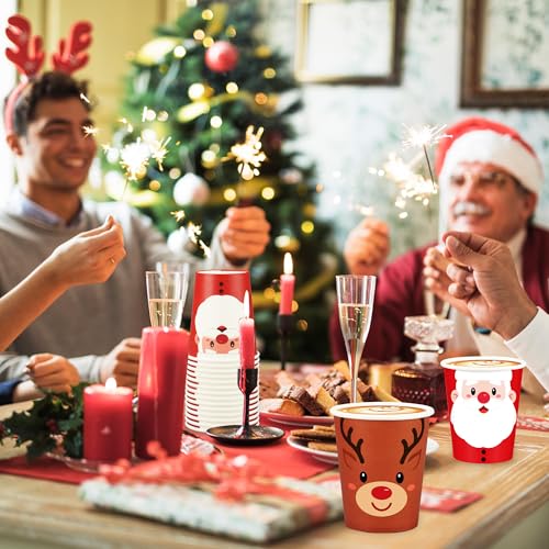 Christmas Paper Cups 9oz Disposable Holiday Drinkware Set - Santa Snowman Gingerbread