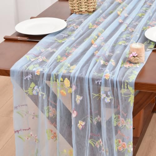 Blue Butterfly Floral Table Runner for Garden Party and Home Decor - 28x120 Inches