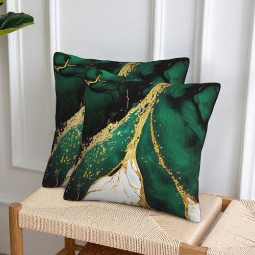 Emerald Green and Gold Marble Throw Pillow Covers 18x18 (Set of 2)
