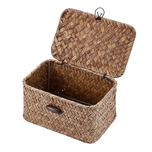 Coffee Wicker Basket with Lid - 6.1" x 4" x 3.3" Seagrass Organizer