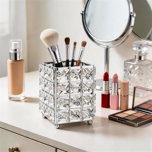 LUEXBOX Silver Square Makeup Brush Holder Organizer with 2 Compartments