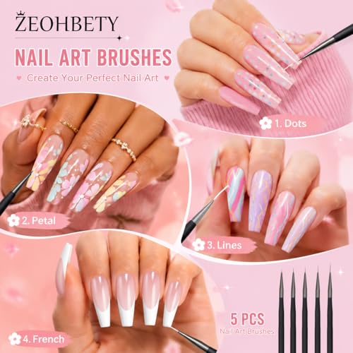 ZEOHBETY 5Pcs Nail Art Liner Brushes and Dotting Pen Set - Fine Drawing Sizes 7mm to 22mm