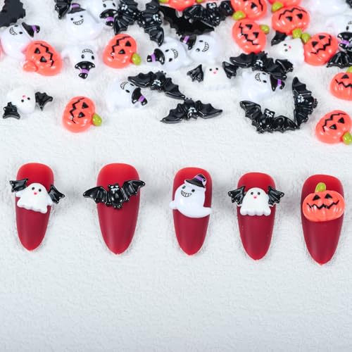MOLILON 100Pcs Halloween Nail Charms 3D Resin Pumpkin Ghost Bat Gems