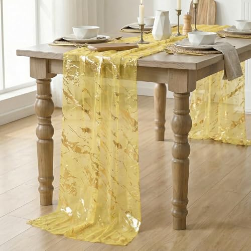 Marble Pattern Yellow Table Runner - 28x120 Inch for Dining & Events