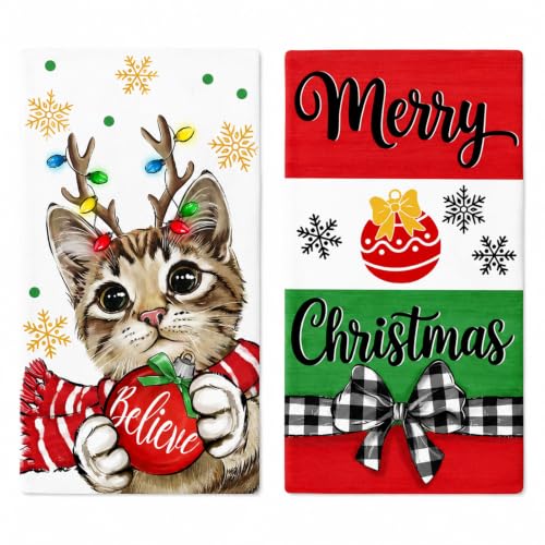 Christmas Cat Kitchen Towels - Festive Holiday Dish Towels for Decor