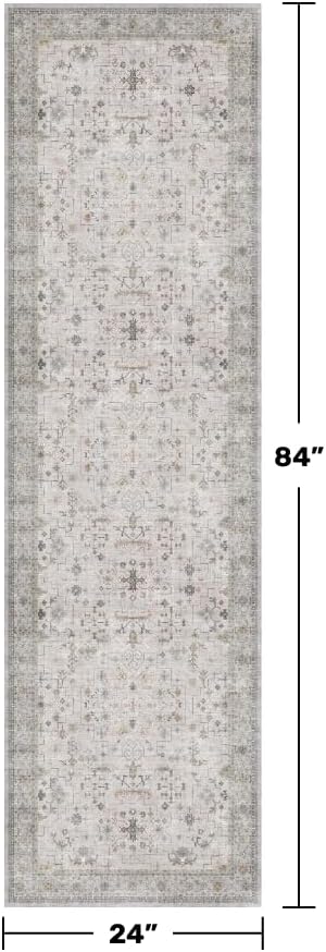 Skiennix Light Grey 2x7 Boho Runner Rug - Modern Vintage Floral Design, Washable Non-Slip for Hallway & Bedroom