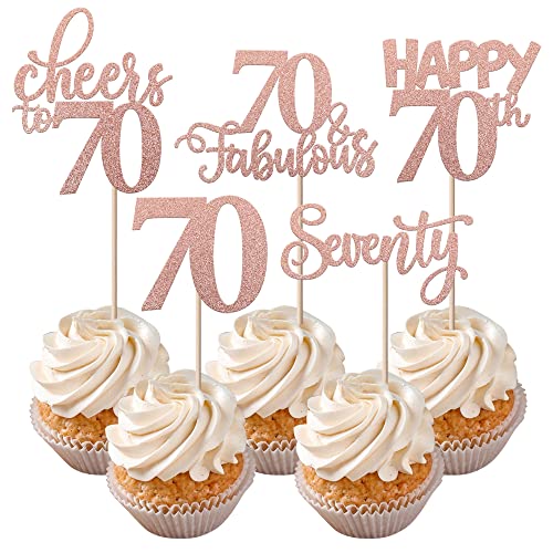 70th Birthday Rose Gold Glitter Cupcake Toppers 30 Pack