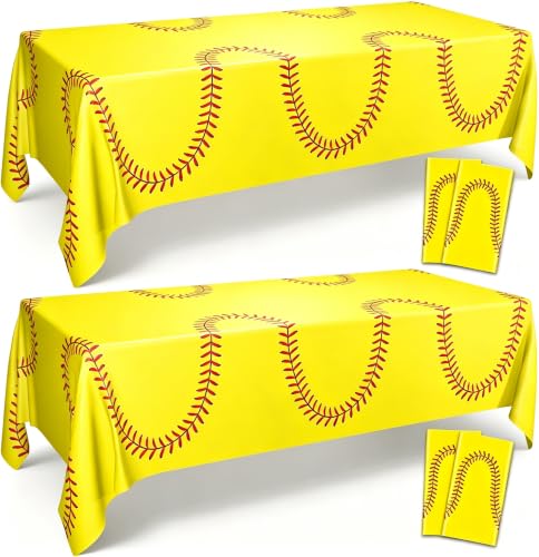 Yellow Softball Disposable Tablecloths, 4 Pack 51x86 in Sports Party Decor