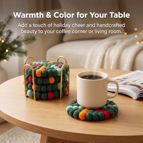 Christmas Tree Wool Felt Coasters Set with Holder - 5 Pack, Handmade