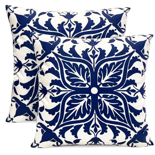 Boho Farmhouse Throw Pillow Covers Set of 2 - 18x18 Inch Blue Floral