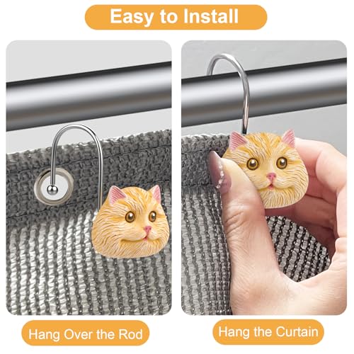 Cat Shower Curtain Hooks - 12-Piece Rustproof Metal Rings for Bathroom