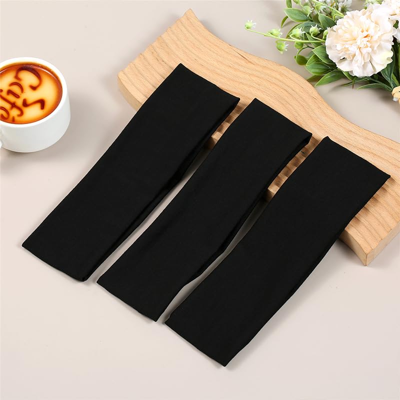 Black Athletic Headbands for Women - 3 Pack Non-Slip Stretchy Cotton