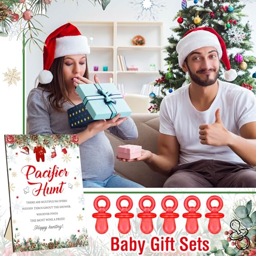 Christmas Baby Shower Pacifier Hunt Game Set with Santa Themed Sign - Red