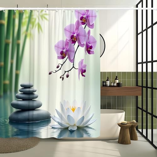 Green Zen Lotus Flower Shower Curtain 70x70 Inch Polyester Fabric – Serene Spa-Inspired Design