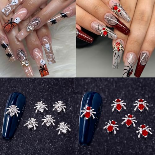 20Pcs 3D Alloy Spider Nail Charms with Red Crystal Rhinestones Punk Gems