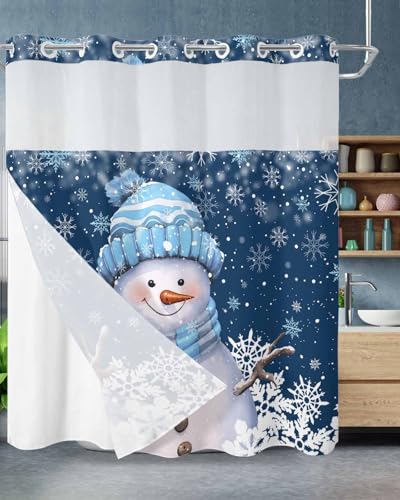 Blue Christmas Shower Curtain with Snap-in Liner - 66x72 Inches - Snowman Winter Design