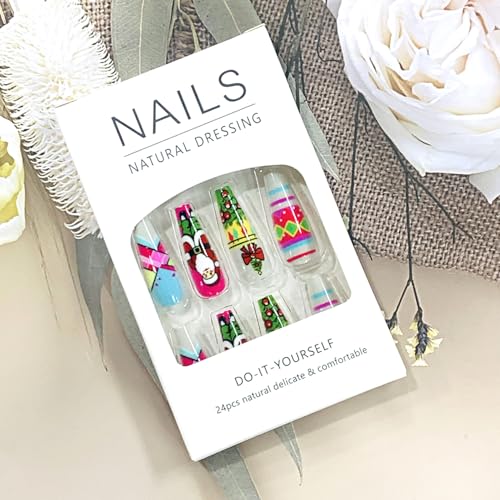 Christmas Press on Nails Medium Square Glossy Winter Snowflake Fake Nails