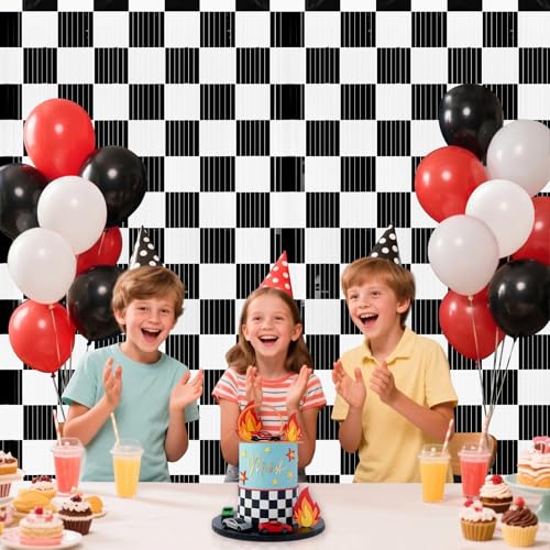 PreJoyStar Car Foil Fringe Curtains - Race Car Themed Backdrop 2 Pack, 3.3 x 6.6 Ft, Black & White Checkered Party Decorations