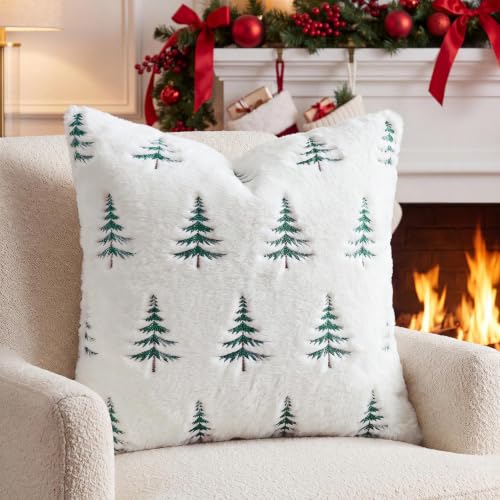 White Faux Fur Christmas Pillow Covers 18x18 Inches Set of 2 - Embroidered Tree