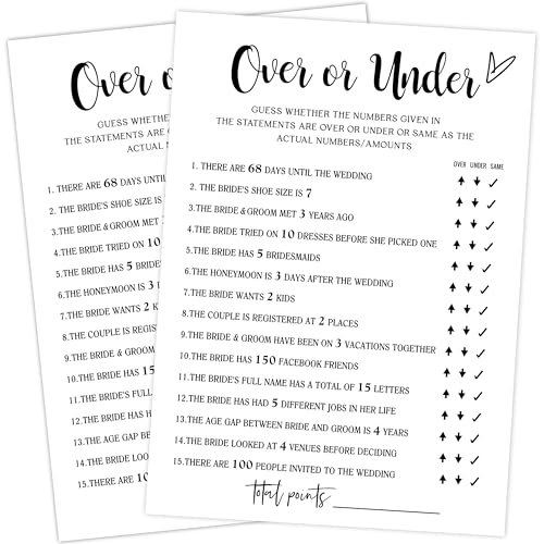 Bridal Shower Games for 25 Guests - Over or Under & Advice Cards